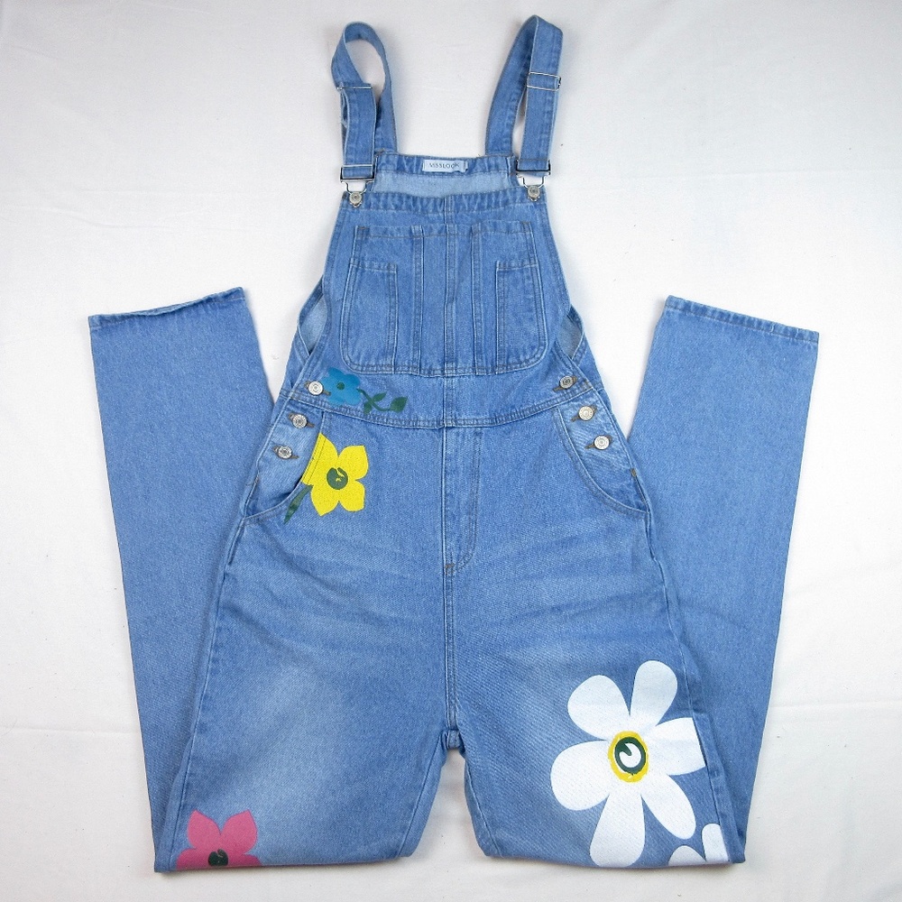 Flower Printed Blue Denim Overalls Size S Small